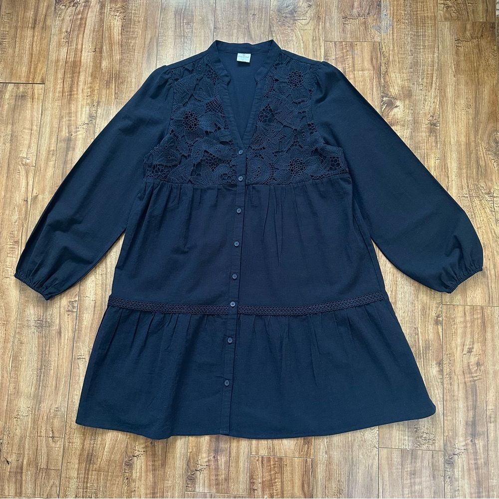 Poheme Paris Lace Detailing Button Front Long Sleeve Tiered Dress Size M/L Black